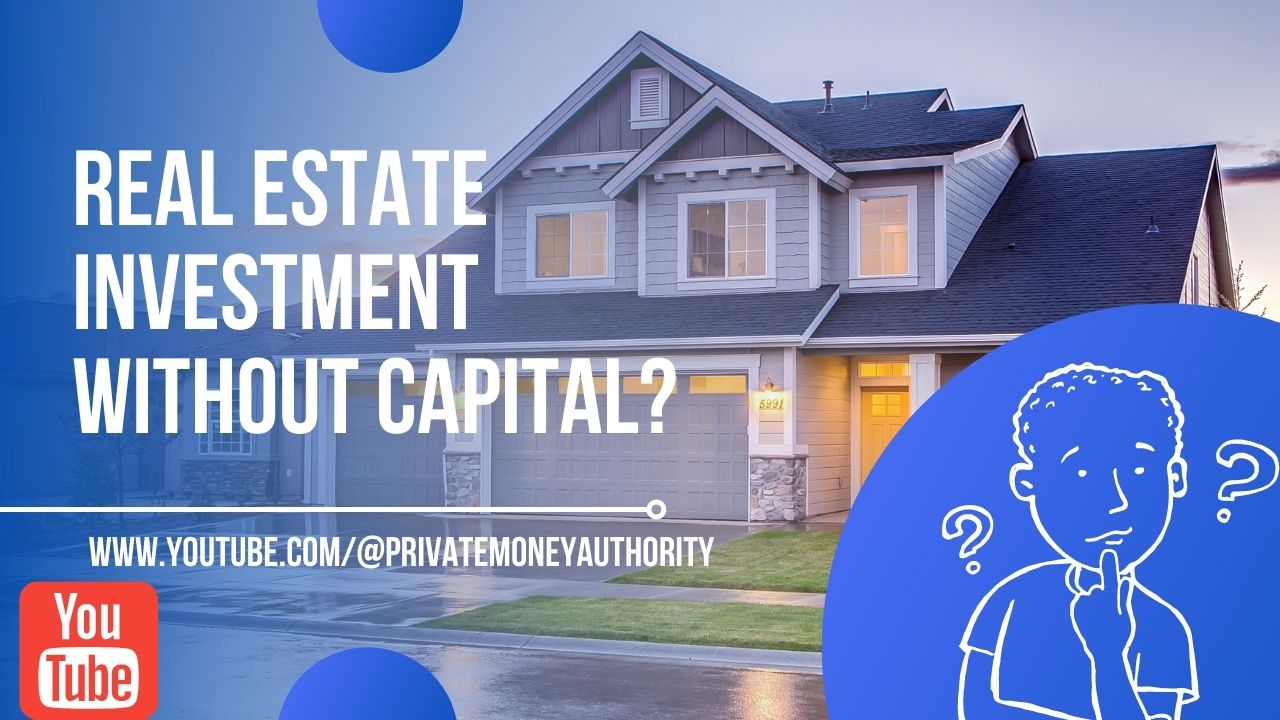 The image features a house with promotional text about real estate investment without capital, and a curious illustrated character next to social media information.